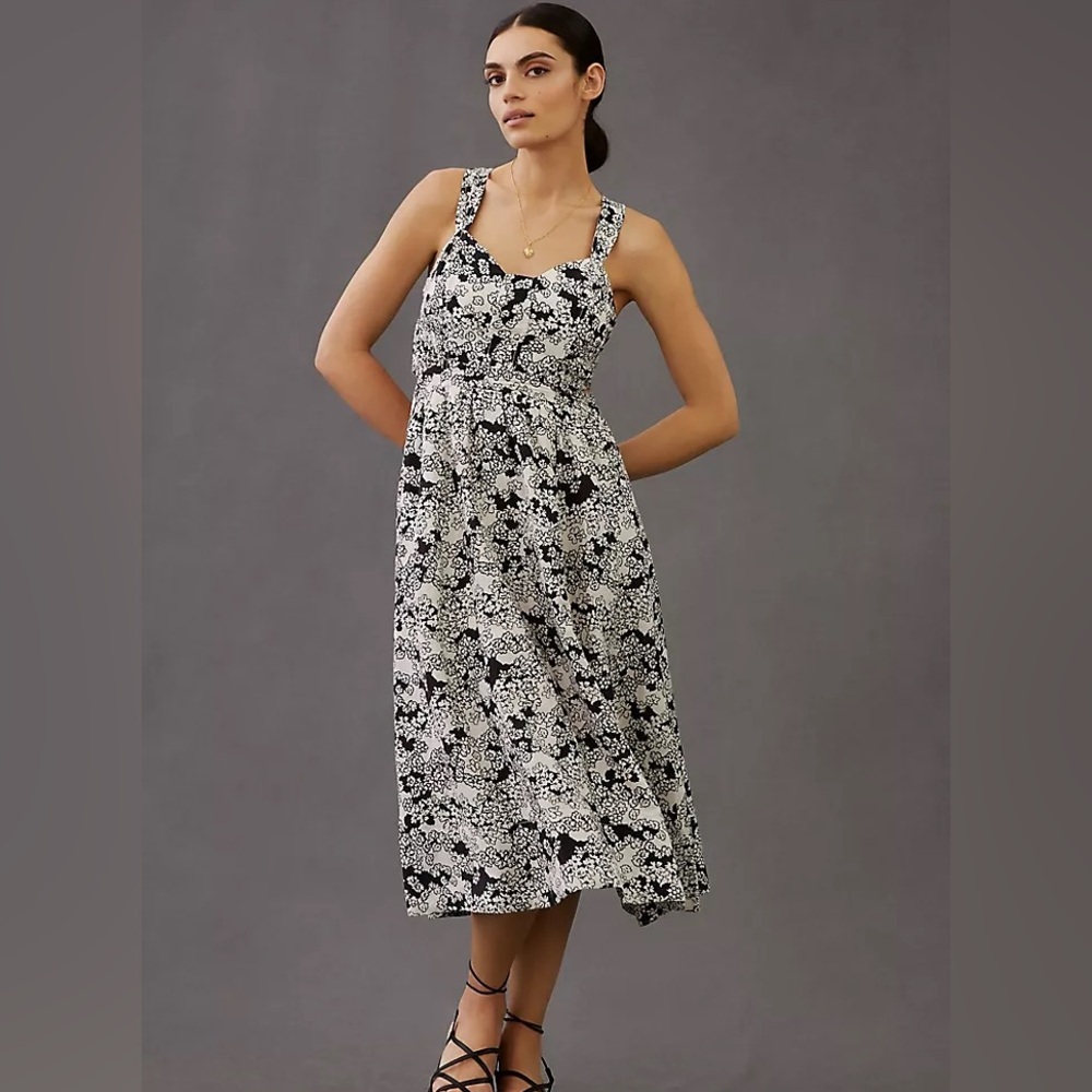 Anthropologie Floral Printed Midi Dress linen blend open back